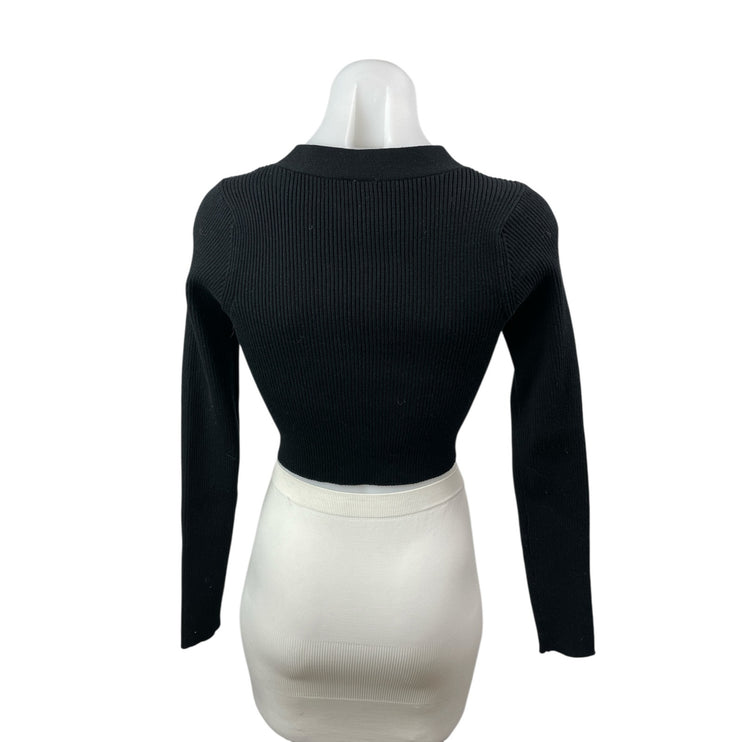 Windsor Black Ribbed Knit Long Sleeve V Neck Button Up Cardigan Crop Top Size S