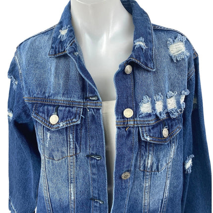 The Iconic Women's Blue Long Sleeve Button Down Distressed Denim Jeans Jacket M