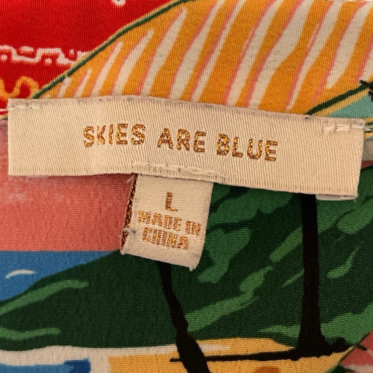 Skies Are Blue Graphic Print Tropical Button Down Shirt Pants 2 Piece Set Size L