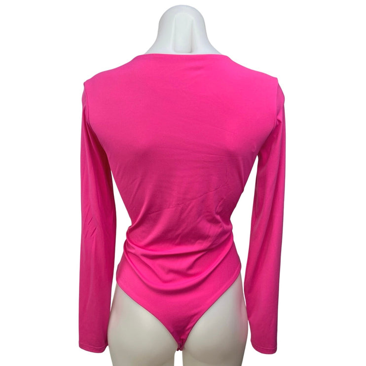 Pumiey Pink V-neck Long Sleeve Stretch Slim Bodysuit Thong T Shirt Top Size L