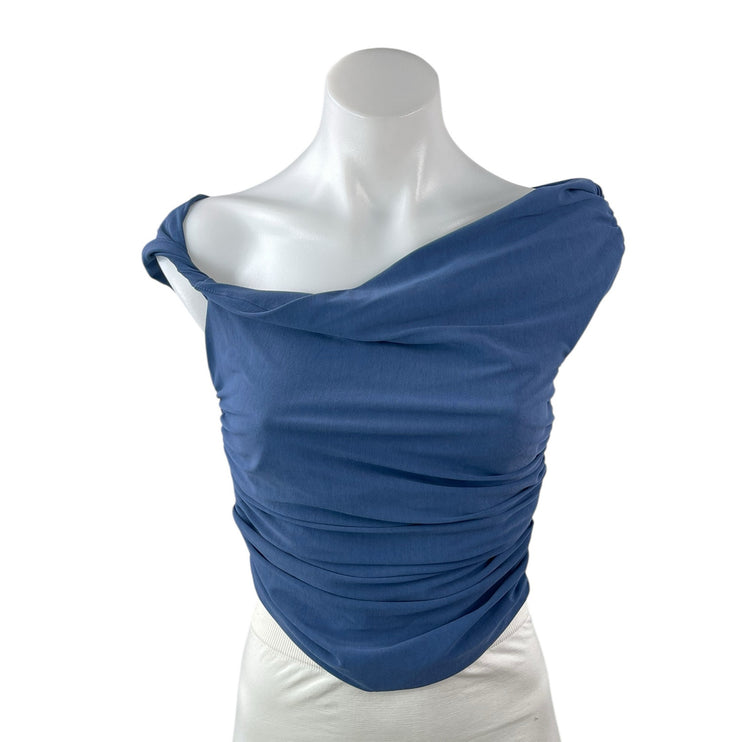 Zara Women's Blue Off The Shoulder Ruched Drape Shirt Blouse Crop Top Size M