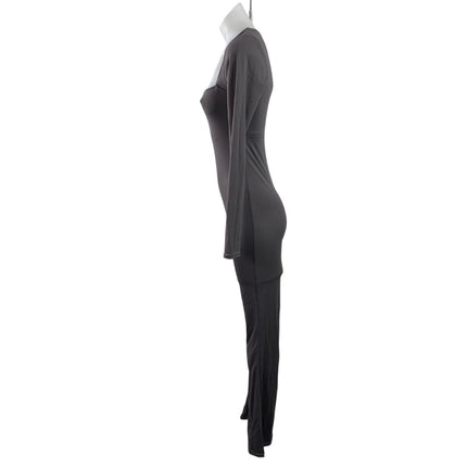 NEW Qinsen Black Long Sleeve Square Neck Wide Leg Bodycon Romper Jumpsuit Size M