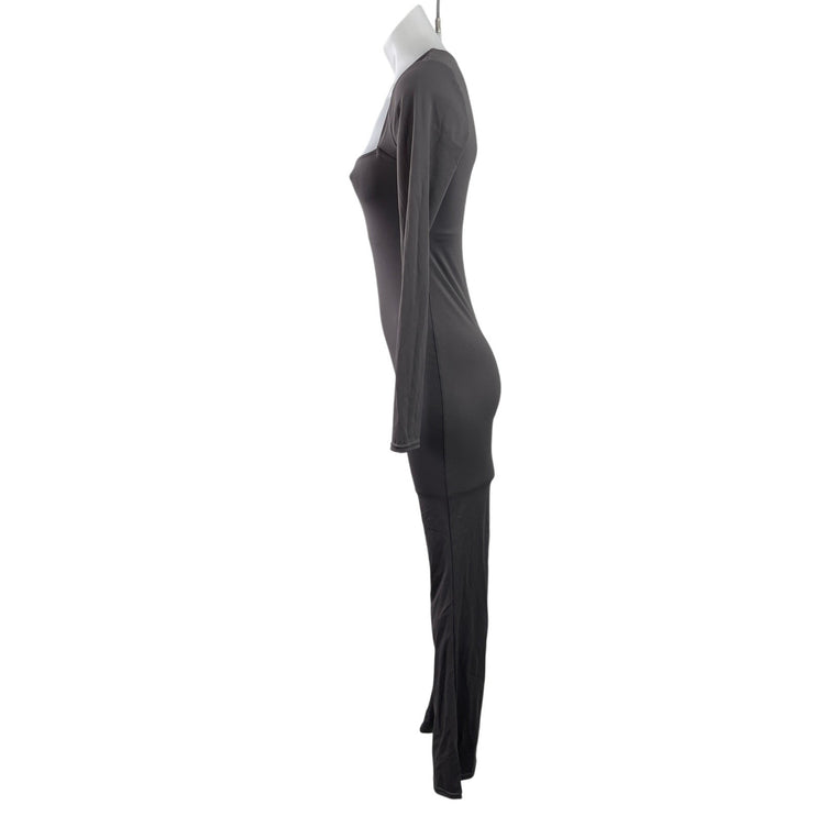 NEW Qinsen Black Long Sleeve Square Neck Wide Leg Bodycon Romper Jumpsuit Size M