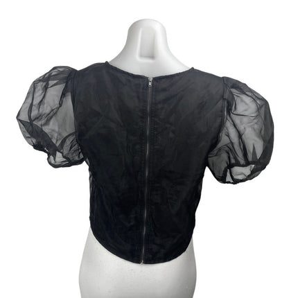 Etophe Studios Women's Black Short Puff Balloon Sleeve Mesh Blouse Top Size M