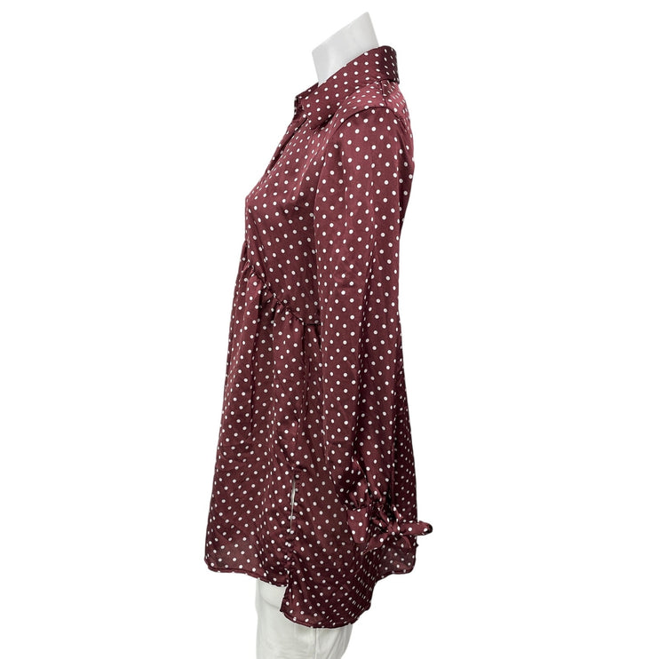 Zara Maroon Long Sleeves Silk Satin Polka Dots Tunic Blouse Shirt Dress Size M