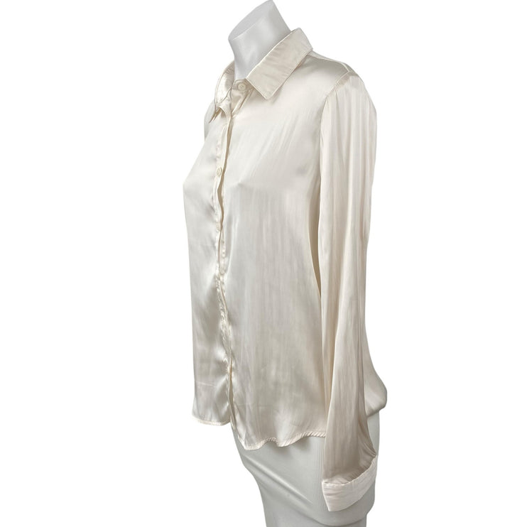 Mi Ami White Silky Satin Collared Long Sleeve Button Down Shirt Blouse Top Sz M