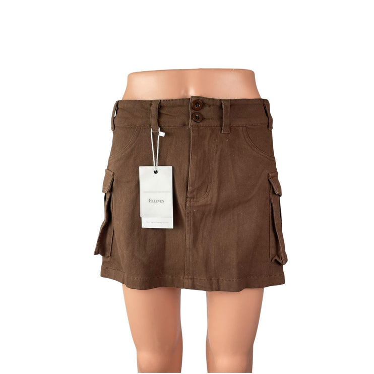 NEW Elleven Women's Brown High Waisted Cargo Utility Mini A Line Skirt Size XL
