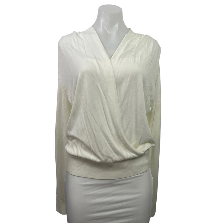 Banana Republic White Long Sleeve V Neck Faux Wrap Surplice Blouse Top Size L