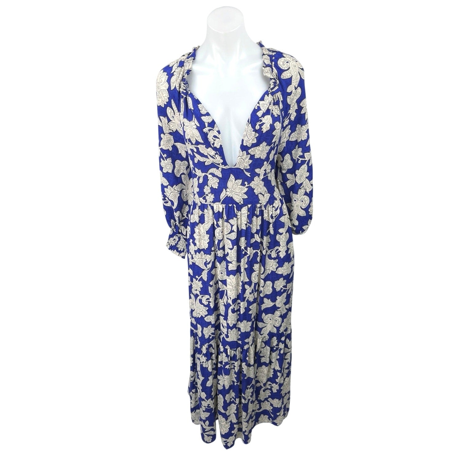 Zara Blue White Floral Plunge V-Neck 3/4 Balloon Sleeve Midi Maxi A-line Dress M Zara Blue White Floral Plunge V-Neck 3/4 Balloon Sleeve Midi Maxi A-line Dress M