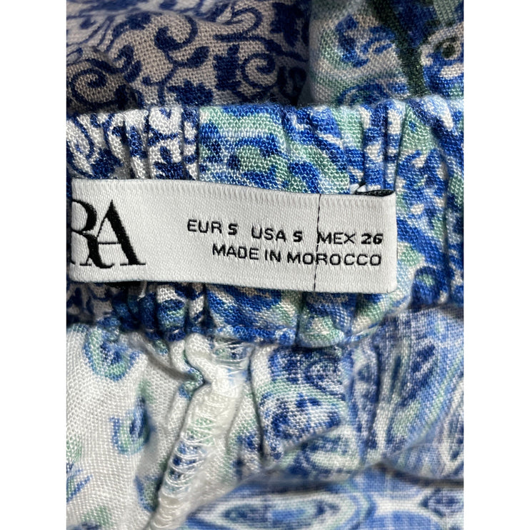 Zara Women's Blue White Paisley High Rise Boho Palazzo Wide Leg Trousers Pants S