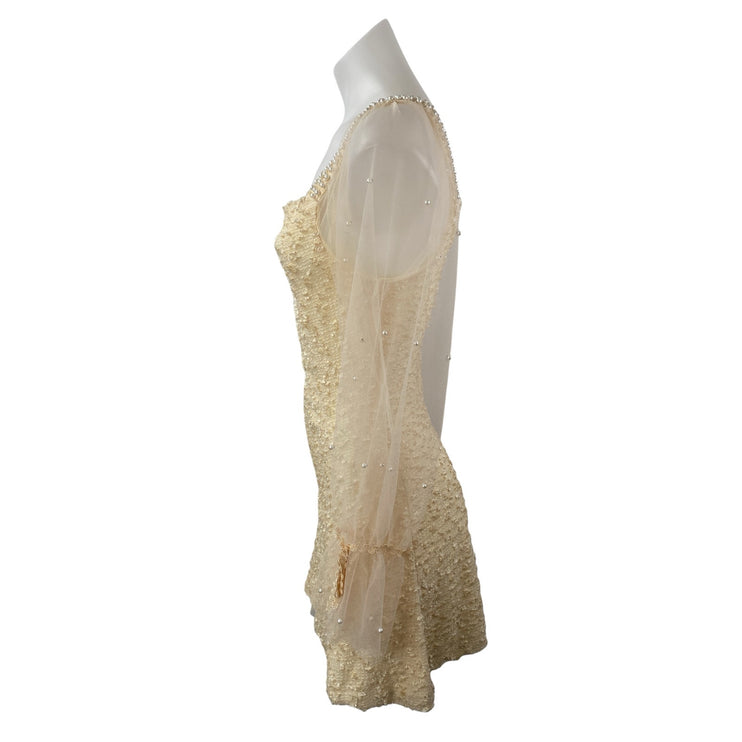 Ailunma Women's Beige Cream Long Sleeve Mesh Beaded A Line Mini Dress Size S