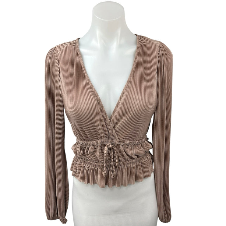 Zara Brown Metallic Pleated V-Neck Long Sleeve Cinched Tie Peplum Blouse Top S