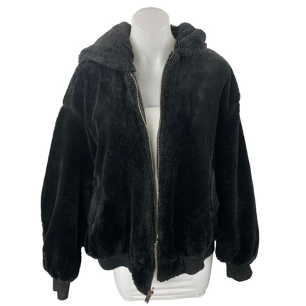 Zara Women's Black Faux Shearling Full Zip Hooded Hoodie Teddy Sweater Jacket M