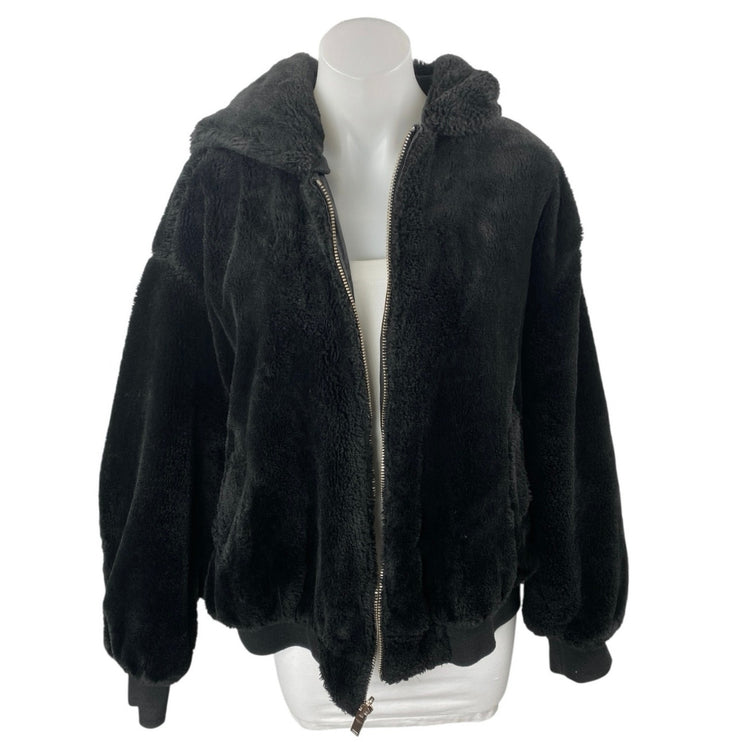 Zara Women's Black Faux Shearling Full Zip Hooded Hoodie Teddy Sweater Jacket M