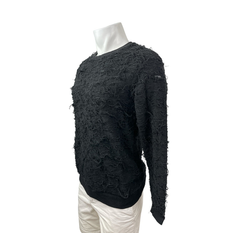 Zara Men's Black Fringe Textured Long Sleeve Crew Neck Knit Sweater Top Size S