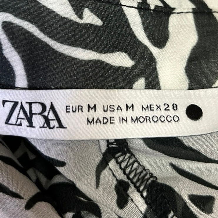 Zara Black White Zebra Animal Print Button Up Collar Long Sleeve Shirt Top Sz M