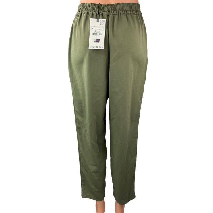 NEW Zara Womens Green Drawstring Pleated High Rise Cropped Trouser Pants Size XS