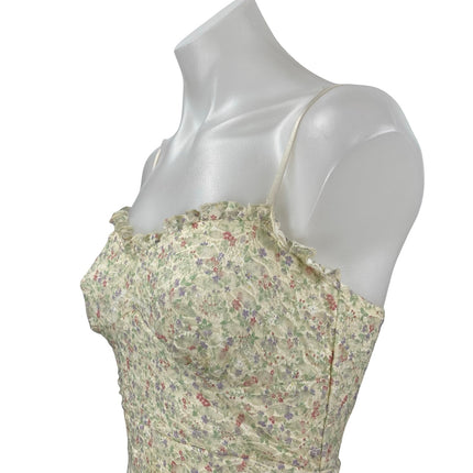 Blue Blush Yellow Floral Ruffle Sleeveless Ruched Cami Mini Bodycon Dress Size S
