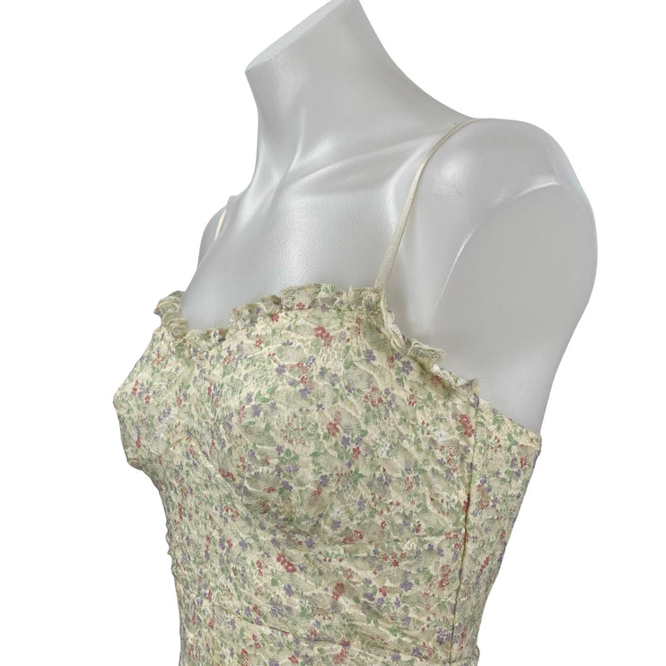 Blue Blush Yellow Floral Ruffle Sleeveless Ruched Cami Mini Bodycon Dress Size S