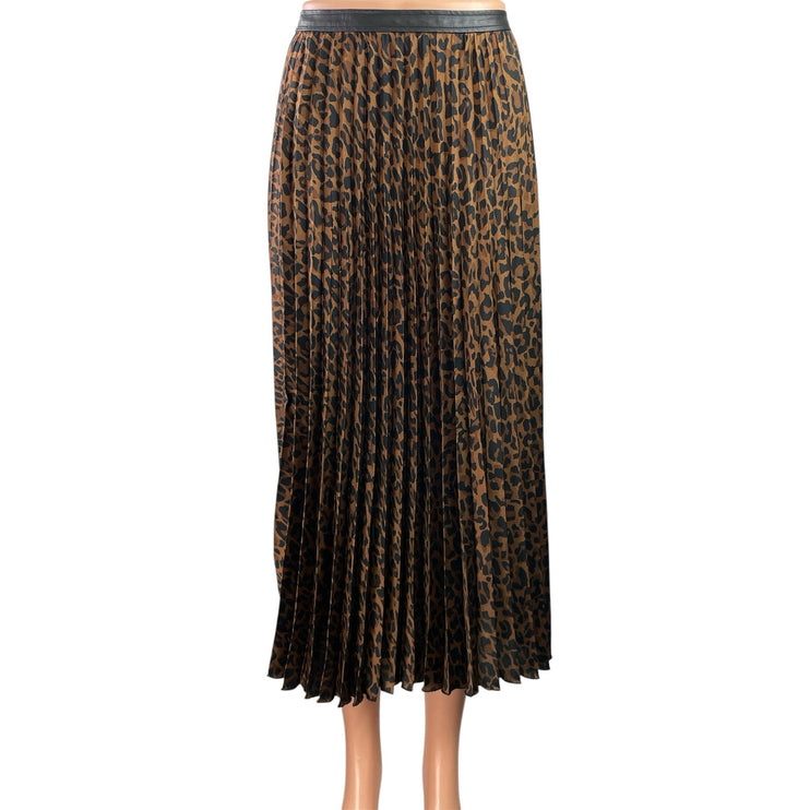 Zara Women's Brown Black Leopard Animal Print Pleated Midi A-Line Skirt Size XS