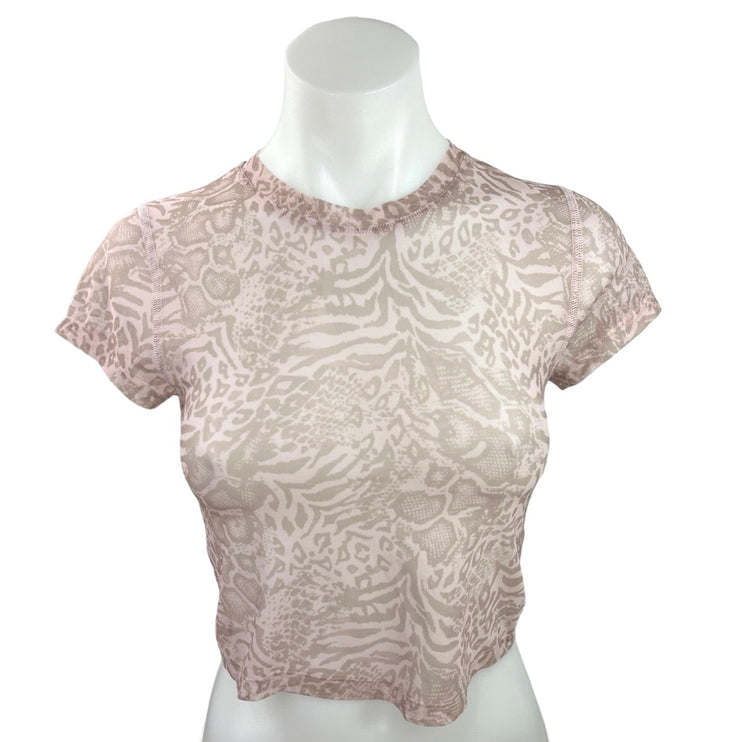 Aritzia TNA Brooklyn Pink Animal Print Mesh Sheer Crew Short Sleeve Crop Top S