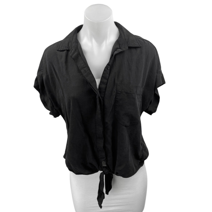 Cloth & Stone Black Collared Short Sleeve Button Down Crop Blouse Shirt Top Sz S