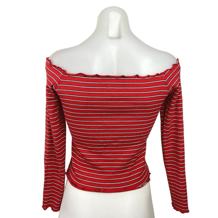 Bershka Red Striped Off The Shoulder Lettuce Edge Long Sleeve Knit Top Size L