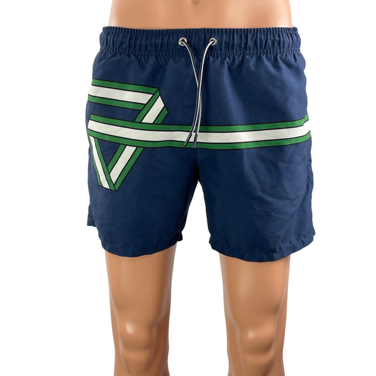 Lacoste Men's Blue Striped Ribbon Print Quick Dry Beach Bermuda Swim Shorts Sz M