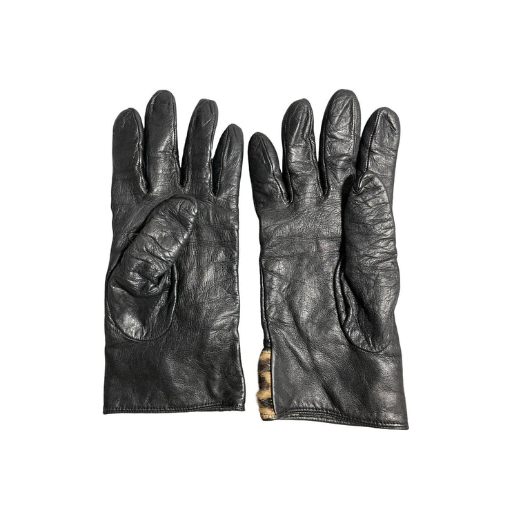 Portolano Women's Black 100% Leather Cashmere Leopard Faux Fur Gloves OS