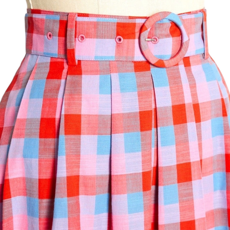 Barbie x Modcloth So Plaid It's Good Pink Pleated Belted A Line Midi Skirt Sz 26