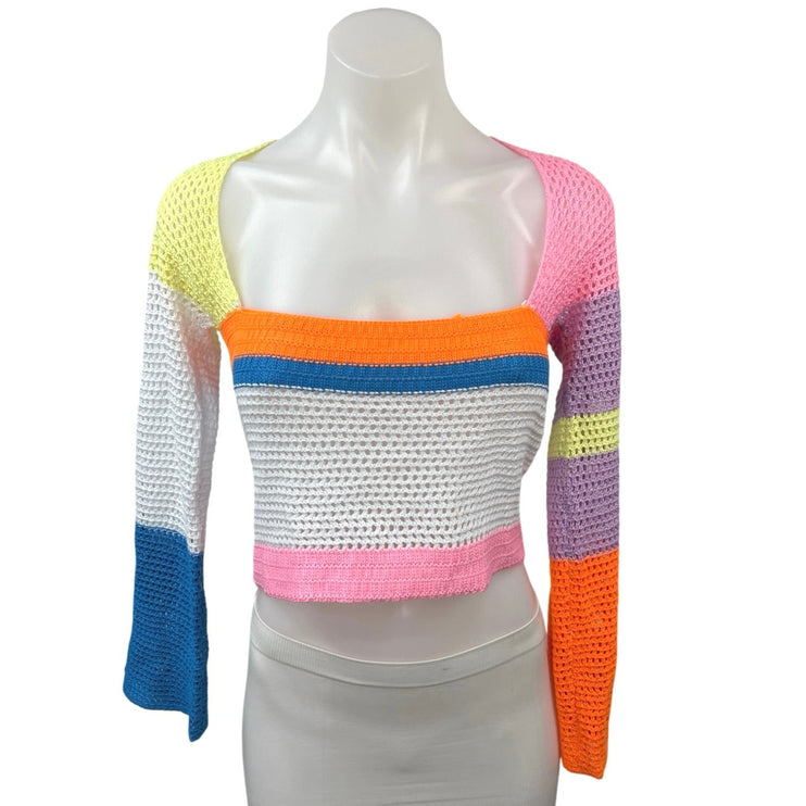 Women's Multicolor Colorblock Crochet Knit Long Sleeve Sweater Crop Top Size S