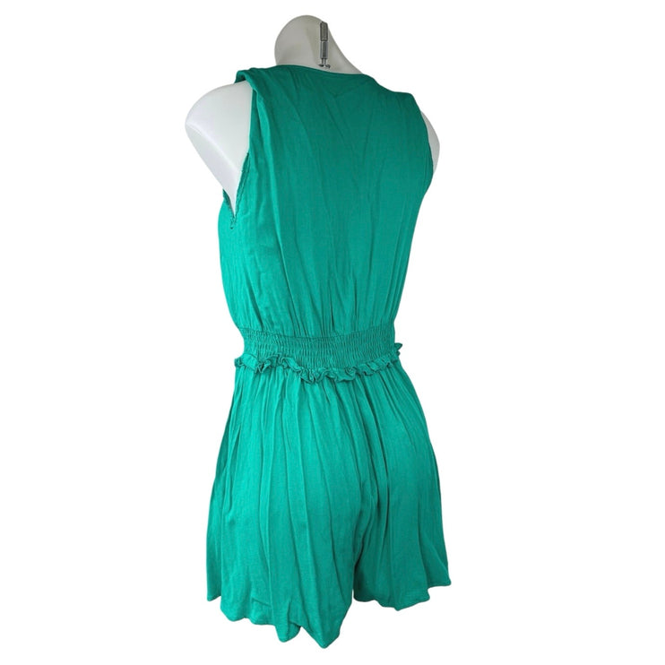 Zara Green Sleeveless Button V-neck Smocked Pleated Wide Leg Romper Jumpsuit XS