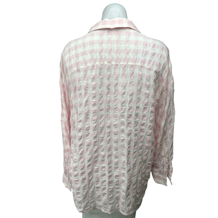 Zara Pink White Checkered Plaid Button Down Long Sleeve Shirt Blouse Top Size M