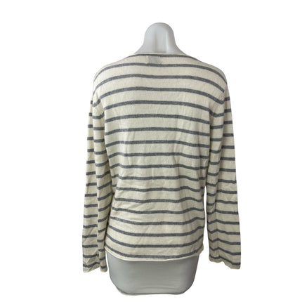 SAVED New York Gray White Striped Long Sleeve V Neck Sweater Shirt Top Size M/L