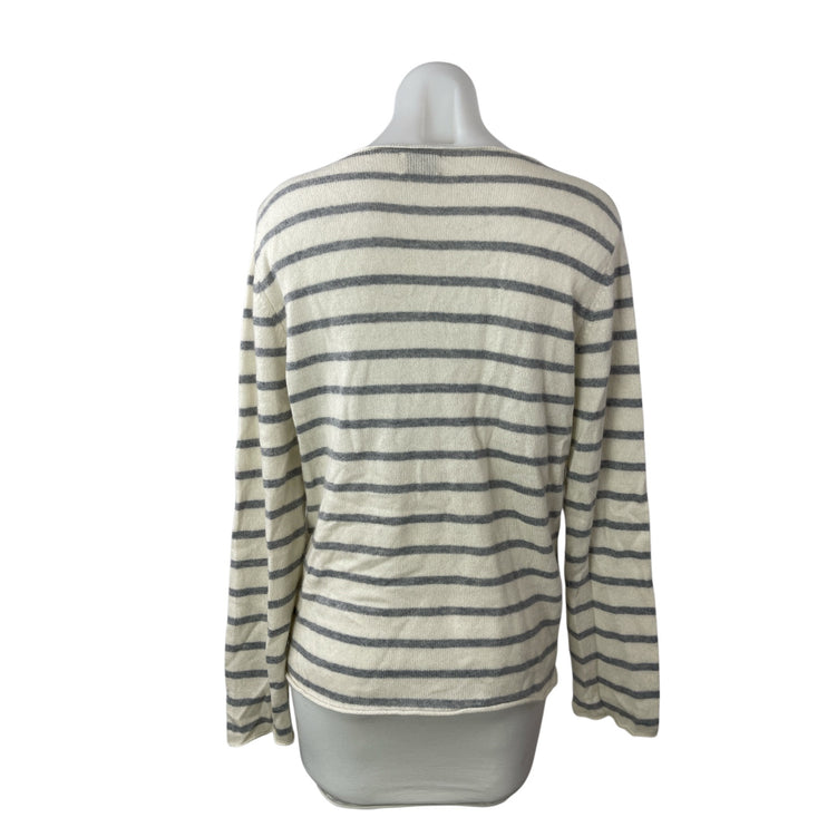SAVED New York Gray White Striped Long Sleeve V Neck Sweater Shirt Top Size M/L