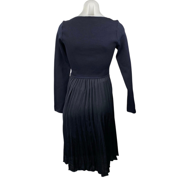 Witchery Women's Blue Black Pleated Square Neck Long Sleeve Midi A-Line Dress S