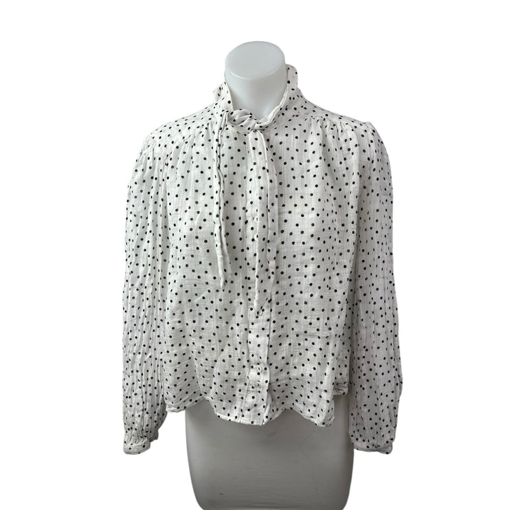 Zara Women's White Polka Dots Balloon Long Sleeve Tie High Neck Blouse Top Sz L