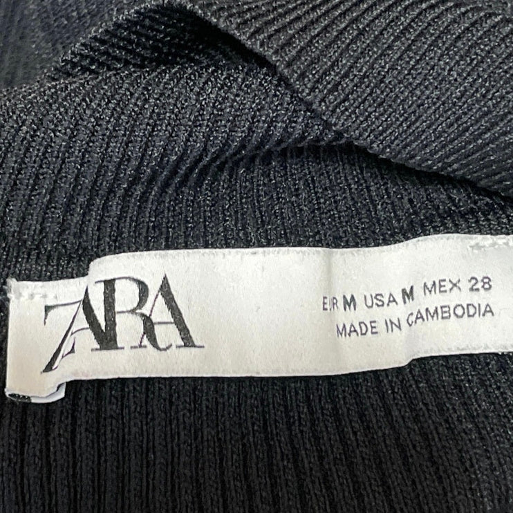 Zara Womens Black Ribbed Knit Turtleneck One Shoulder Long Sleeve Sweater Top M