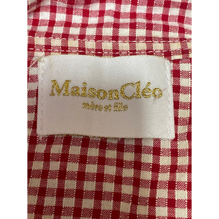Maison Cleo Red Gingham Collared Long Puff Sleeve Wrap Tie Crop Blouse Top Sz M