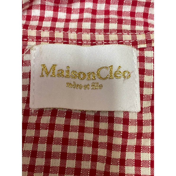 Maison Cleo Red Gingham Collared Long Puff Sleeve Wrap Tie Crop Blouse Top Sz M