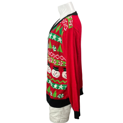 Men's Red Black Long Sleeves Knit Christmas Holiday Cardigan Sweater Top L/XL