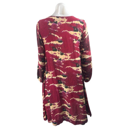 Bohemian Luxe 100% Silk Women Multicolor Abstract Long Sleeve Tee T-Shirt Top XS