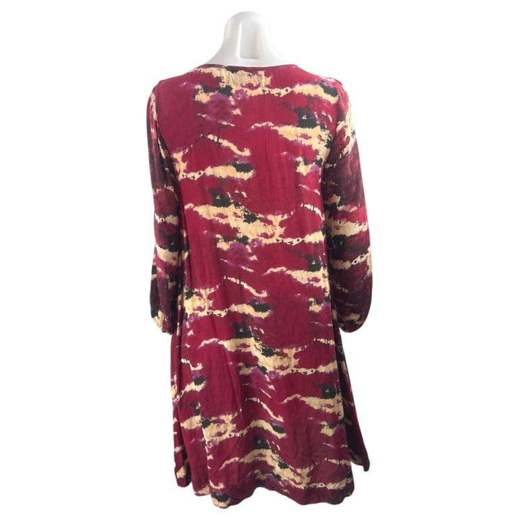 Bohemian Luxe 100% Silk Women Multicolor Abstract Long Sleeve Tee T-Shirt Top XS