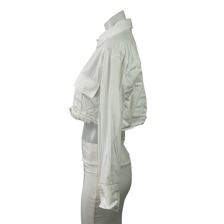 Zara Women White Long Sleeve Utility Pocket Cropped Button Down Shirt Top Size S