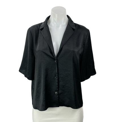 Aritzia Wilfred Black Silk Satin Short Sleeve Button Down Cropped Shirt Size M