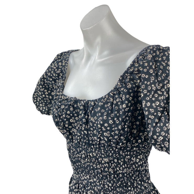 GAP Black Floral Smocked Puff Sleeve Tie Square Neck Mini Flare A-Line Dress M