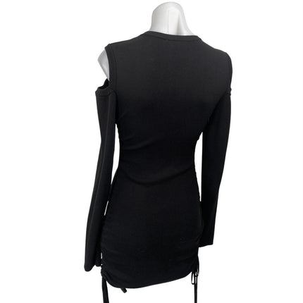 Lioness Black Rib Knit Cold Shoulder Long Sleeve Cinched Mini Bodycon Dress Size S