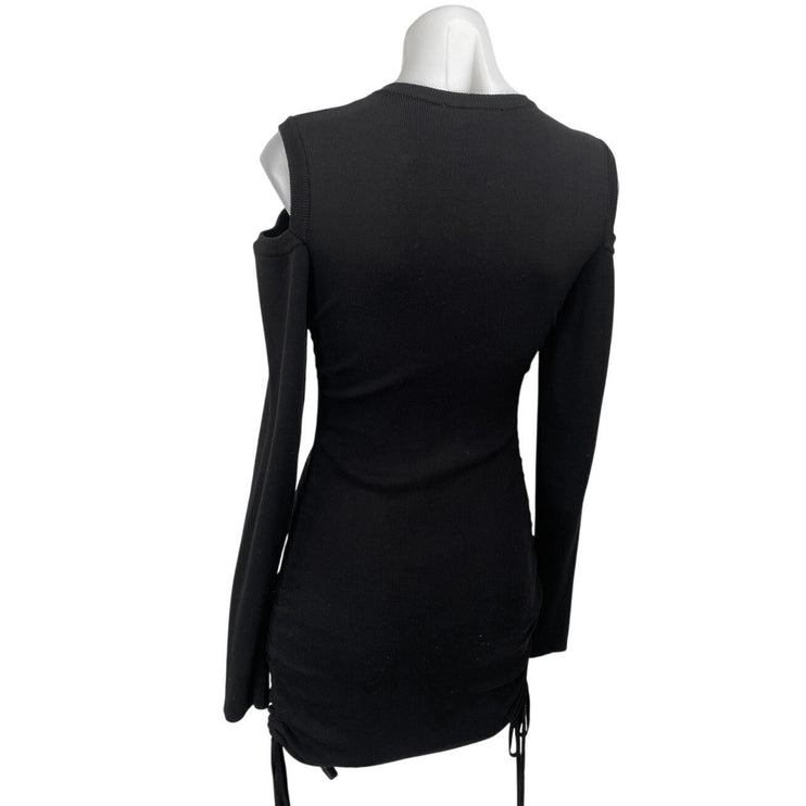 Lioness Black Rib Knit Cold Shoulder Long Sleeve Cinched Mini Bodycon Dress Size S