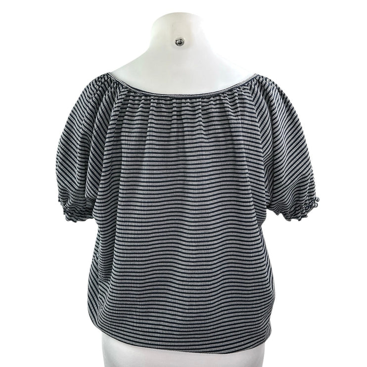 Madewell Texture & Thread Blue Striped Short Puff Sleeve Cropped Blouse Top XL