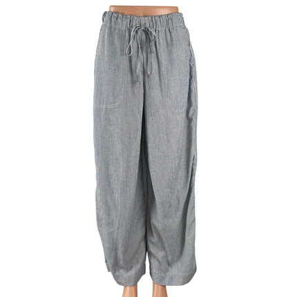 Max Studio Navy Blue Linen Striped High Rise Tie Wide Leg Trousers Pants Size S